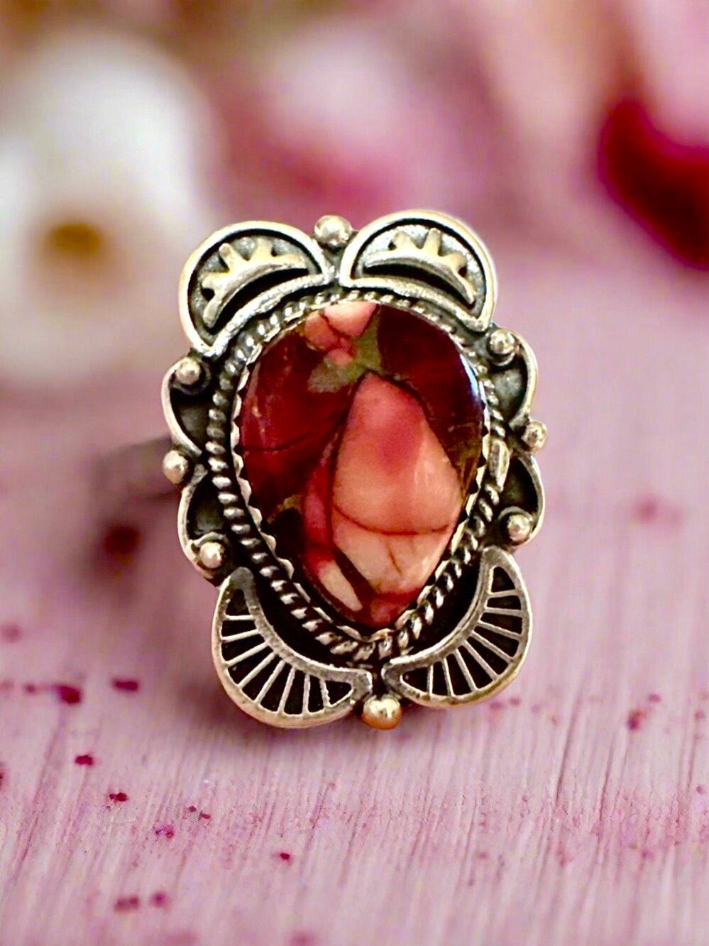 Red Rose Dahlia Teardrop Rope Sterling Silver Ring Adjustable